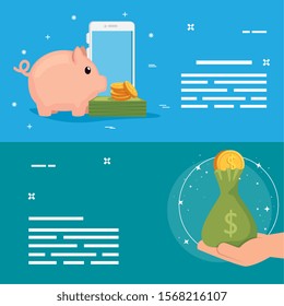 set of smartphone with bag money and icons vector illustration design
