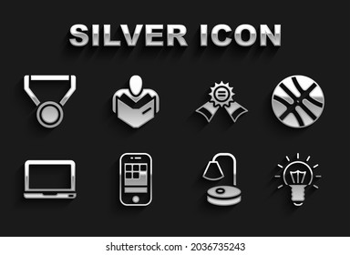 Set Smartphone, Basketball ball, Light bulb, Table lamp, Laptop, Medal,  and Man reading book icon. Vector