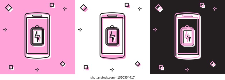 Set Smartphone battery charge icon isolated on pink and white, black background. Phone with a low battery charge.  Vector Illustration