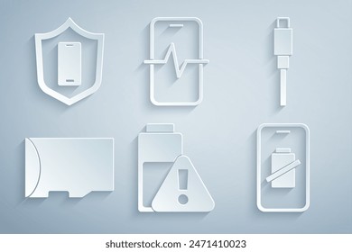 Set Smartphone battery charge, USB cable cord, Micro SD memory card, Phone repair service and Mobile with shield icon. Vector