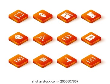 Set Smartphone Batterieladung, UV-Schutz, Diamant, Isometrischer Würfel, Haartrockner und mit Herzfrequenz-Icon. Vektorgrafik