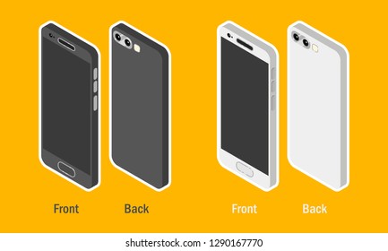 Set of Smartphone in Black and White Color with Front and Back Isometric View Isolated on Yellow background - Vector Illustration