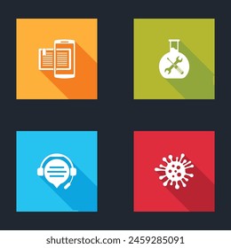 Set Smartphone and book, Bioengineering service, Headphones with speech bubble chat and Bacteria icon. Vector