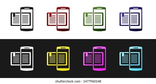 Set Smartphone and book icon isolated on black and white background. Online learning or e-learning concept.  Vector Illustration