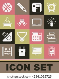 Set Smartphone, Book, Light bulb, School classroom, Medal, Schoolboy sitting at desk, Basketball ball and Laptop icon. Vector