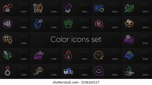 Set of Smartphone broken, Augmented reality and Love book line icons. Include Food donation, Pet friendly, Leaf icons. 24 hours, Water care, Cogwheel web elements. Smile face, Teamwork. Vector