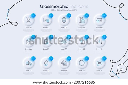 Set of Smartphone broken, Report and Pie chart line icons for web app. Stars, Web photo, Blocked card icons. Scroll down, Megaphone, Parking app signs. Reject certificate, Cyber attack, Manual. Vector