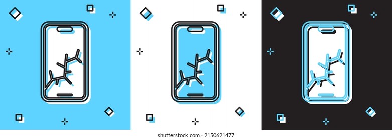 Set Smartphone with broken screen icon isolated on blue and white, black background. Shattered phone screen icon. Vector