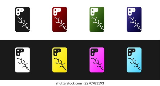 Set Smartphone with broken screen icon isolated on black and white background. Shattered phone screen icon. Vector