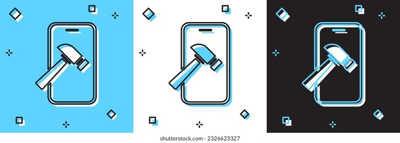 Smartphone mit defektem Bildschirmsymbol einzeln auf blauem und weißem, schwarzem Hintergrund einrichten. Geschlagenes Symbol auf dem Bildschirm.  Vektorgrafik