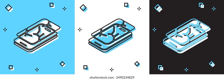 Set Smartphone with broken screen icon isolated on blue and white, black background. Shattered phone screen icon.  Vector