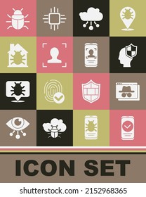 Set Smartphone, Browser incognito window, Head with shield, Internet of things, Face recognition, House system bug, System and Mobile and face icon. Vector