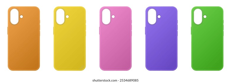 Set of smartphone cases. 3D  phone mockup for print shop. Orange, yellow, pink, purple and green empty cases