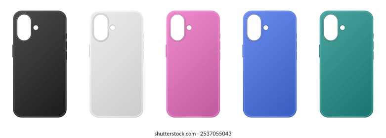 Set von Smartphone-Hüllen. 3D-Handy-Mockup für Druckerei. Leere Gehäuse in Schwarz, Weiß, Rosa, Blau und Grün