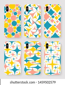 set of smartphone cases with colored print isolated top view on grey background. protection for mobile phone. stock vector illustration