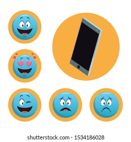 set of smartphone and chat emoticons over yellow circles and white background, colorful design. vector illustration