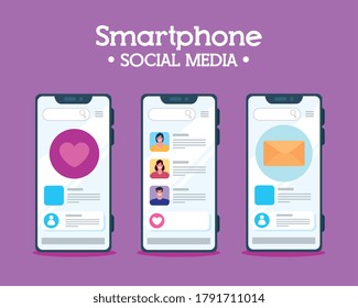 set smartphone, chat notification and social media concept vector illustration design