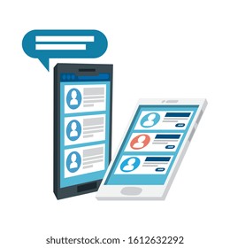 set of smartphone with chat and speech bubble vector illustration design