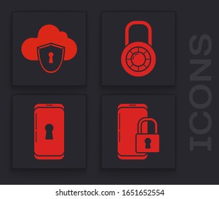 Set Smartphone with closed padlock , Cloud and shield, Safe combination lock wheel  and Smartphone with lock  icon. Vector