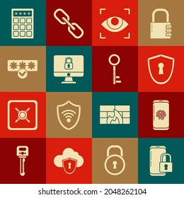 Set Smartphone with closed padlock, fingerprint scanner, Shield keyhole, Eye, Lock computer monitor screen, Password protection and safety access, and Key icon. Vector