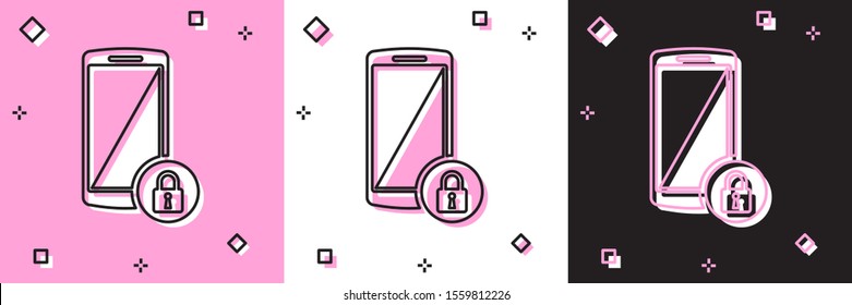 Set Smartphone with closed padlock icon isolated on pink and white, black background. Phone with lock. Mobile security, safety, protection concept.  Vector Illustration