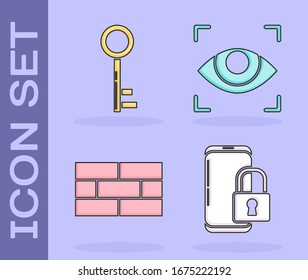 Smartphone mit geschlossenem Vorhängeschloss , Schlüssel , Steine und Auge Scan Symbol. Vektorillustration