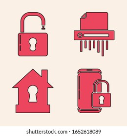 Set Smartphone with closed padlock , Open padlock , Paper shredder confidential and House under protection  icon. Vector