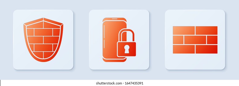 Smartphone mit geschlossenem Vorhängeschloss , Schild mit Cyber-Sicherheitsziegelwand und Steinen . Weißer Quadrat-Knopf. Vektorillustration