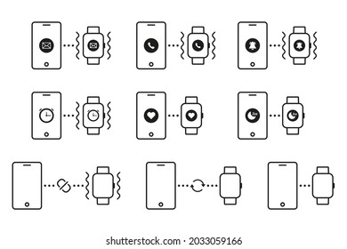 Set of smartphone is connected to a smart watch. Vector icon illustration.