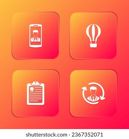 Set Smartphone with contact, Hot air balloon, Clipboard dental card and Human resources icon. Vector