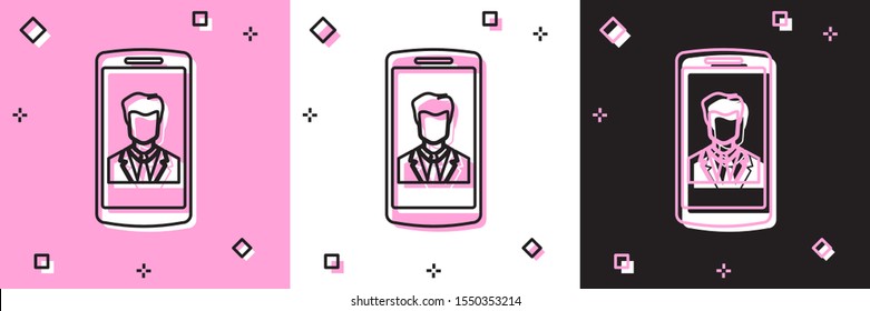 Set Smartphone with contact on screen icon isolated on pink and white, black background. Incoming call. Human on phone screen. Call contact.  Vector Illustration