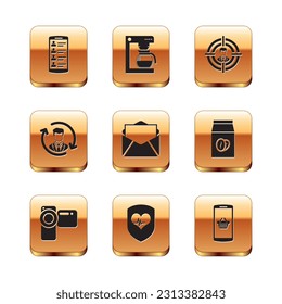 Set Smartphone with contacts, Cinema camera, Shield and heart rate, Mail e-mail, Human resources and Head hunting icon. Vector