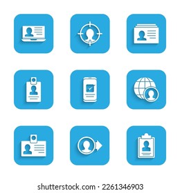Set Smartphone, Create account screen, Clipboard with resume, Globe and people, Identification badge, Resume and Laptop icon. Vector