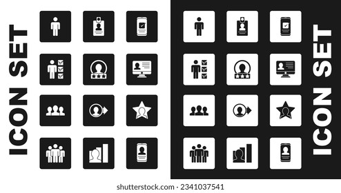 Set Smartphone, Create account screen, User of man in business suit, Monitor with resume, Identification badge, Head hunting and Users group icon. Vector