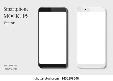 Set of smartphone display mockup. Black and white mobile phone with blank screen isolated on grey background.