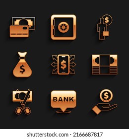 Set Smartphone with dollar, Bank building, Hand giving money, Stacks paper cash, Scissors cutting, Money bag, Business man planning mind and Credit card icon. Vector