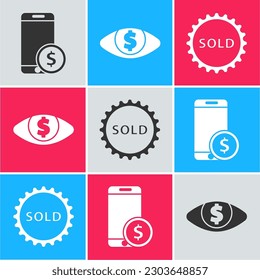 Set Smartphone with dollar, Eye with dollar and Sold label icon. Vector