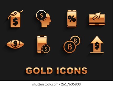 Set Smartphone with dollar, Laptop and cursor, Financial growth coin, Cryptocurrency Bitcoin, Eye, Percent discount mobile, Price tag and Business man planning mind icon. Vector
