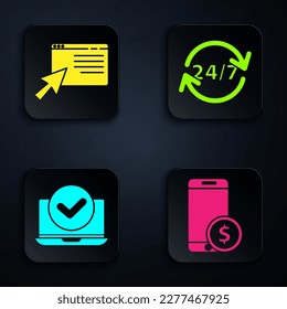 Set Smartphone with dollar, Online shopping on screen, Laptop and Clock 24 hours. Black square button. Vector