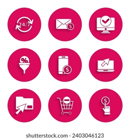 Set Smartphone with dollar, Remove shopping cart, Hand holding coin, Laptop cursor, Cursor click document folder, Lead management, Computer monitor and Clock 24 hours icon. Vector
