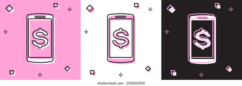 Set Smartphone with dollar symbol icon isolated on pink and white, black background. Online shopping concept. Financial mobile phone icon. Online payment.  Vector Illustration