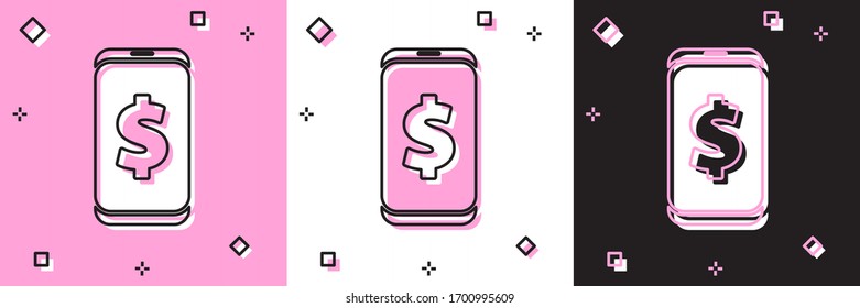 Set Smartphone with dollar symbol icon isolated on pink and white, black background. Online shopping concept. Financial mobile phone. Online payment. Vector Illustration