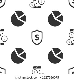 Set Smartphone with dollar symbol, Shield with dollar symbol and Pie chart infographic on seamless pattern. Vector