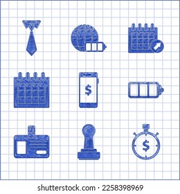 Establece Smartphone con símbolo en dólares, sello, tiempo es dinero, indicador de nivel de carga de la batería, insignia de identificación, calendario e icono de vínculo. Vector