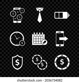 Set Smartphone with dollar symbol, Tie, Battery charge level indicator, Shield, Coin money, Time is and Calendar icon. Vector