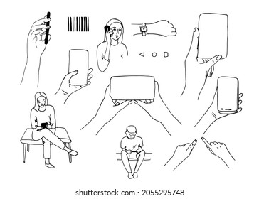 Set smartphone in doodle style isolated on white background. Hand drawn illustration hand holding a phone, woman talking on a mobile, people sitting and looking at the phone, barcode.