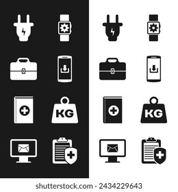 Set Smartphone with download, Toolbox, Electric plug, Smartwatch setting, Medical book and Weight icon. Vector