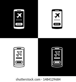 Set Smartphone with electronic boarding pass airline ticket icon isolated on black and white background. Passenger plane mobile ticket for web and app.  Vector Illustration