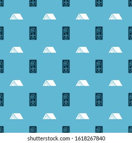 Set Smartphone with electronic boarding pass airline ticket and Tourist tent on seamless pattern. Vector