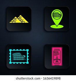 Set Smartphone with electronic boarding pass airline ticket, Egypt pyramids, Postal stamp and Coliseum and Map pointer with Coliseum in Rome, Italy. Black square button. Vector